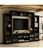 Grey Tv stand with top, left and right cabinets, multi-purpose media wooden console, entertainment center tempered glass