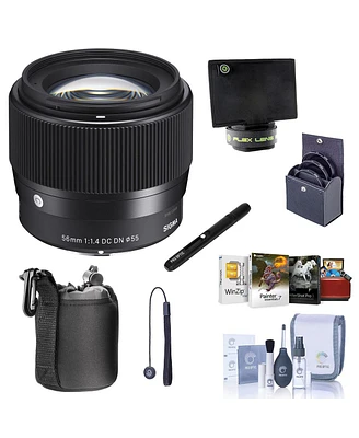 Sigma 56mm f/1.4 Dc Dn Contemporary Lens for Sony E, Bundle with 62mm Filter Kit, Cleaning Kit, Flex Lens Shade, Lens Cap Tether, Mac Software Kit, Po
