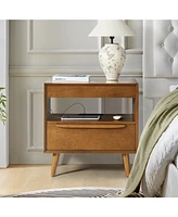 Jeraldo Mid-Century Modern 2-Drawer Nightstand with Built-In Outlets and Wooden Handle