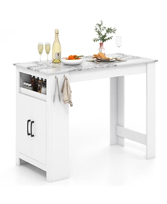 Bar Table Faux Marble Pub Table with 7 Hanging Hooks and Storage Compartment for Home Bar