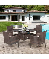 Gymax 5PCS Rattan Patio Dining Table Set Outdoor Furniture Set w/ 4 Seat Cushions