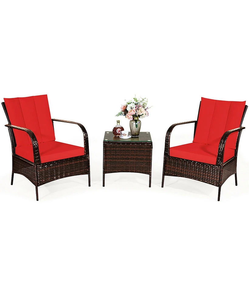 3 Pcs Patio Rattan Furniture Set Coffee Table & 2 Rattan Chair