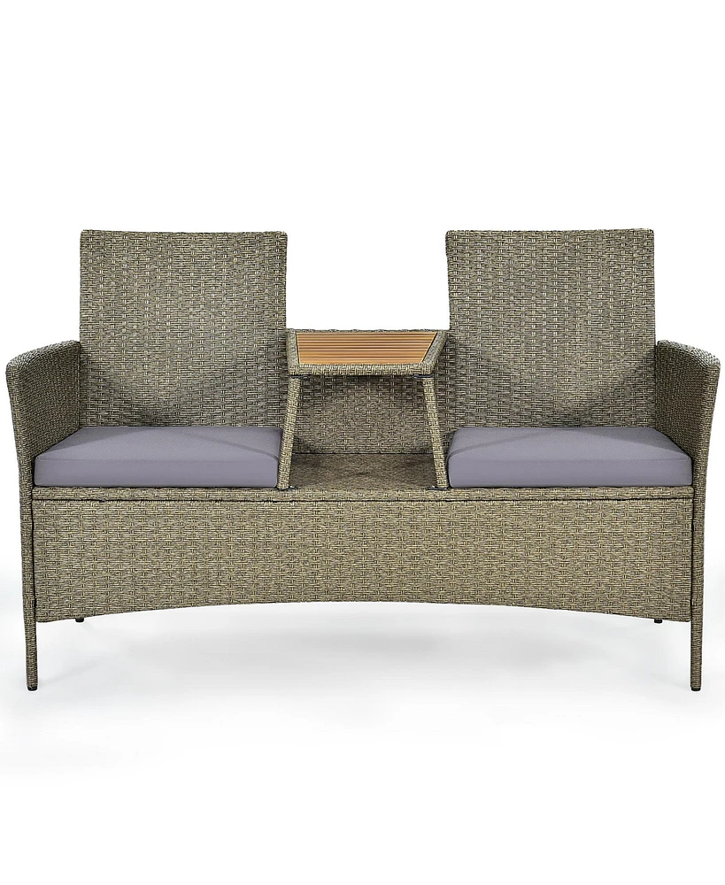 2-Person Patio Rattan Conversation Furniture Set Loveseat Coffee Table