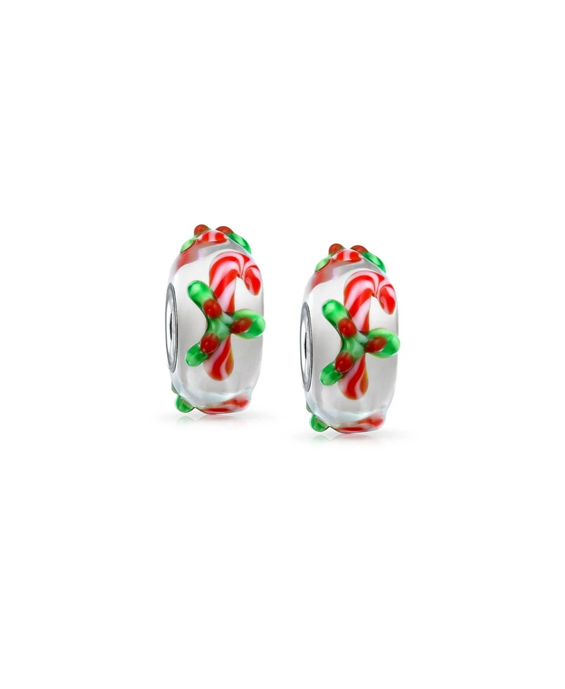 Bling Jewelry Set of 2 Christmas Charm Bead Red Candy Cane Peppermint Murano Glass Silver