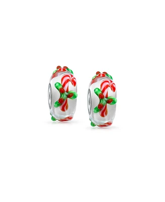 Bling Jewelry Set of 2 Christmas Charm Bead Red Candy Cane Peppermint Murano Glass Silver