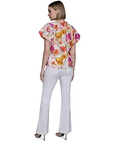 Karl Lagerfeld Paris Petite Floral-Print Flutter-Sleeve Top
