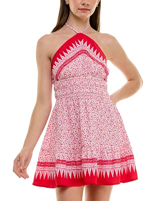 Trixxi Juniors' Halter-Neck Ruched-Waist Border-Print Dress