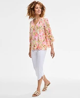 Jm Collection Women's Printed Embellished V-Neck Ruffle-Sleeve Top