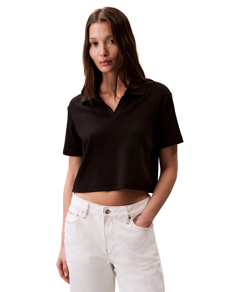 Calvin Klein Jeans Women's Ribbed Monogram-Logo Polo Top