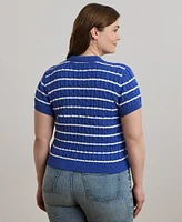 Lauren Ralph Plus Striped Cable-Knit Cotton Polo Sweater
