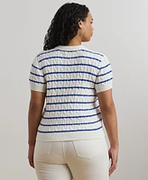 Lauren Ralph Plus Striped Cable-Knit Cotton Polo Sweater
