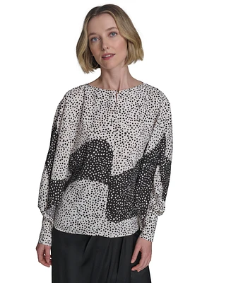 Halston Women's Printed Boat-Neck Blouson-Sleeve Top