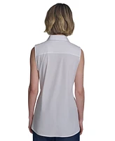 Halston Women's Cotton Tie-Waist Button-Front Sleeveless Blouse