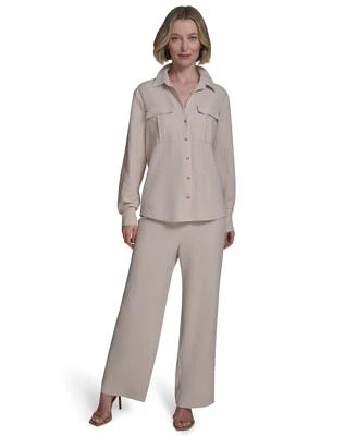 Halston Womens Collared Roll Tab Button Up Shirt Womens Drawstring Pull On Wide Leg Pants