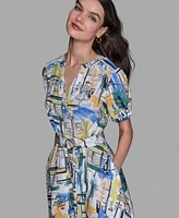 Karl Lagerfeld Paris Women's Printed Scene Belted High-Low Shirtdress