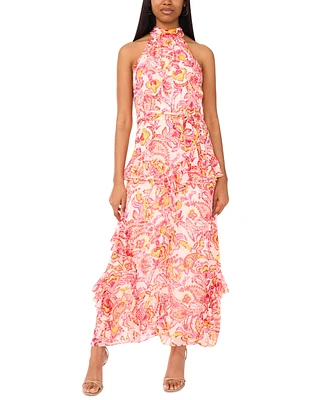 CeCe Women's Printed Sleeveless Tiered-Ruffle-Trim Dress