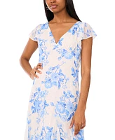 CeCe Women's Printed V-Neck Flutter-Sleeve Chiffon Dress