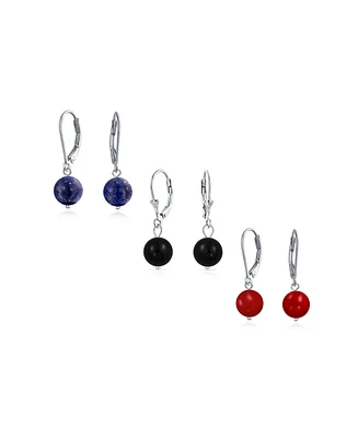 Bling Jewelry Set of 3 Multi Natural Stones Drop Ball Earrings Lever Back Sterling Silver 8MM