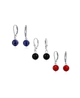 Bling Jewelry Set of 3 Multi Natural Stones Drop Ball Earrings Lever Back Sterling Silver 8MM