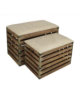 Set Of 2 Rectangular Linen Fabric And Wood Slats Storage Benches