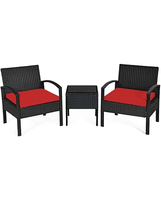 3PCS Patio Rattan Furniture Set Coffee Table & Chairs Set with Seat Cushions Garden