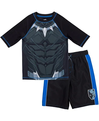 Avengers Boys Black Panther Upf 50+ Rash Guard and Swim Trunks Outfit Set