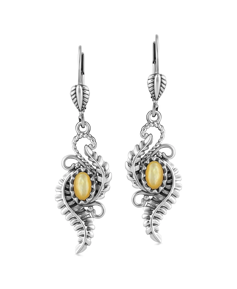 Sterling Silver Yellow Mother of Pearl Vine and Leaf Dangle Earrings