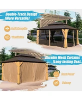 10x14FT Cedar Wood Gazebo, Solid Wood Hardtop Gazebo with Galvanized Steel Double Roof, Netting & Curtains, Outdoor Gazebo for Patio, Backyard, Deck,