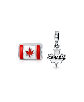 Bling Jewelry Set of 2 Red Enamel Canadian Flag & Maple Leaf Dangle Charm Bead Oxidized Silver