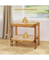 Pcs End Table with Tempered Glass Top Acacia Wood Legs Rattan Storage Shelf