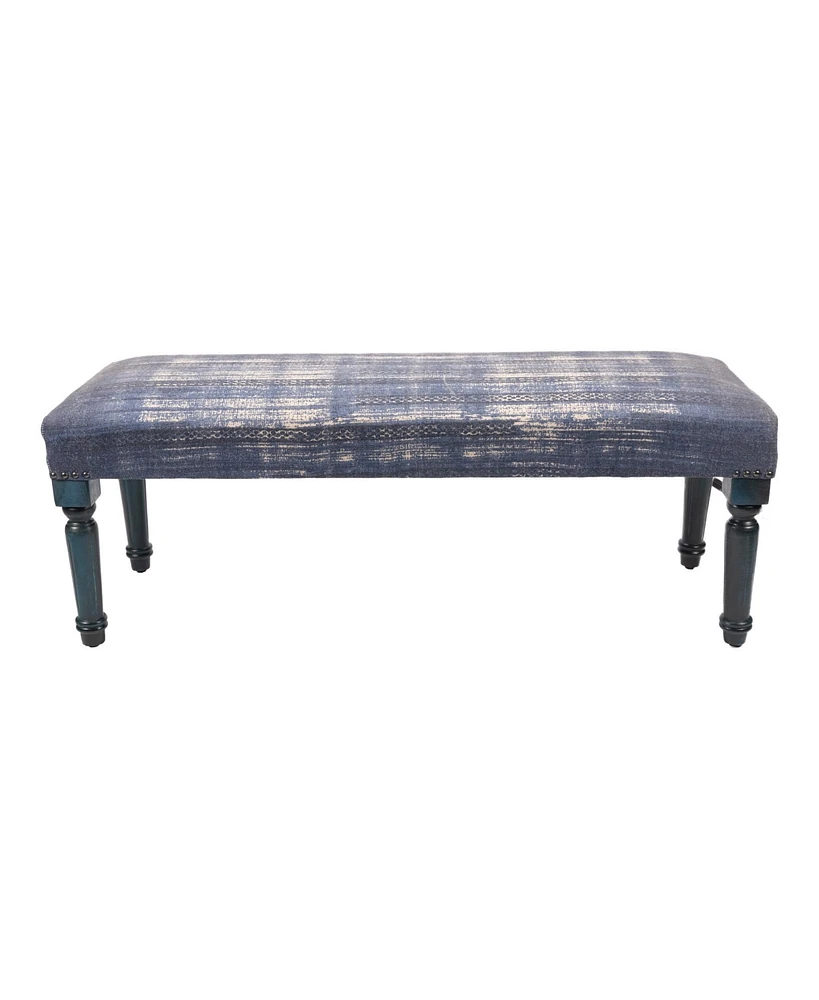 47" Blue And Cream Abstract Design Blue Leg Upholstered Bench