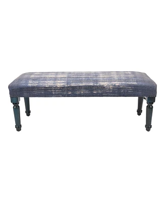 47" Blue And Cream Abstract Design Blue Leg Upholstered Bench