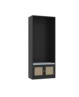 White high-gloss wooden entryway cabinet with shoe storage bench with 14 doors, soft seat for doorside storage
