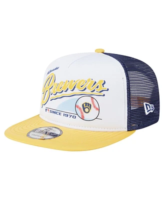 New Era Men's White/Gold Milwaukee Brewers Retro Script Trucker 9FIFTY Snapback Hat