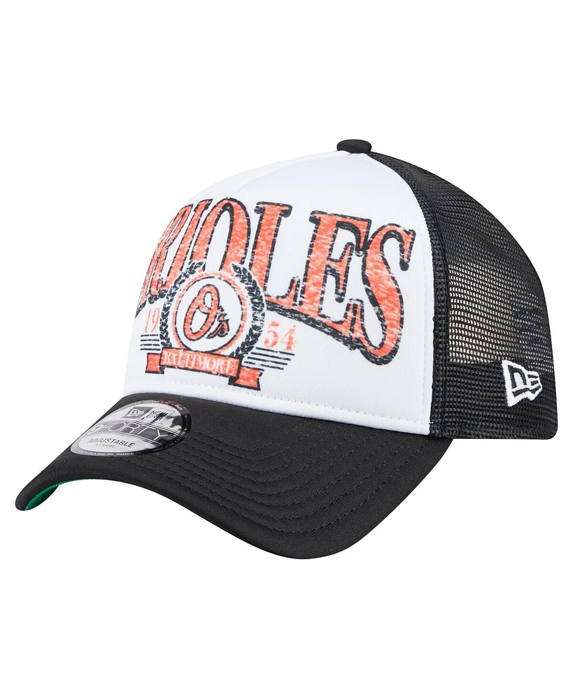 New Era Men's Black Baltimore Orioles Distressed 9FORTY A-Frame Adjustable Trucker Hat