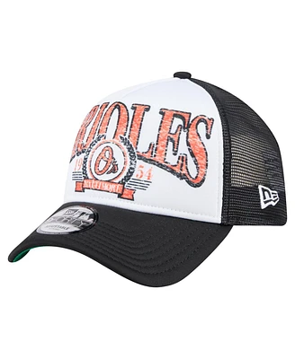 New Era Men's Black Baltimore Orioles Distressed 9FORTY A-Frame Adjustable Trucker Hat