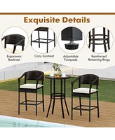 3 Pcs Patio Rattan Bar Set Wicker Armchairs & Round Table with Tempered Glass Top