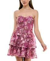 Trixxi Juniors' Printed Strapless Embroidered Tiered Dress