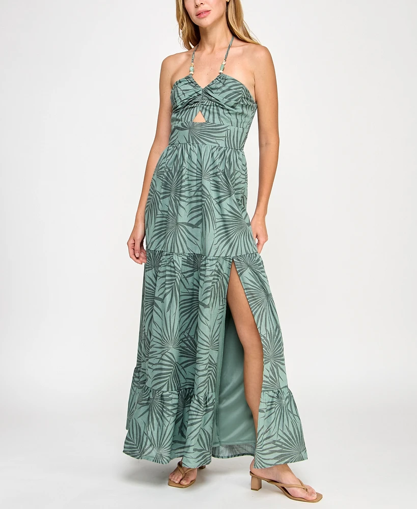 Trixxi Juniors' Printed Cotton Tiered Halter Maxi Dress