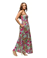 24seven Comfort Apparel Women's Pink Paisley A Line Strapless Maxi Dress with Pockets
