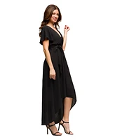 24seven Comfort Apparel Women's V Neck Belted Faux Wrap High Low Dress