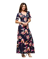 24seven Comfort Apparel Women's Navy Floral Print Elbow Sleeve Casual A Line Maxi Dress