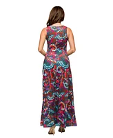 24seven Comfort Apparel Women's Pink and Brown Print Scoop Neck A Line Sleeveless Maxi Dress