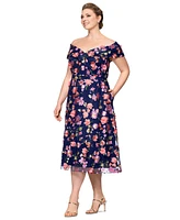 Xscape Plus 3D-Floral Embroidered Off-The-Shoulder Dress