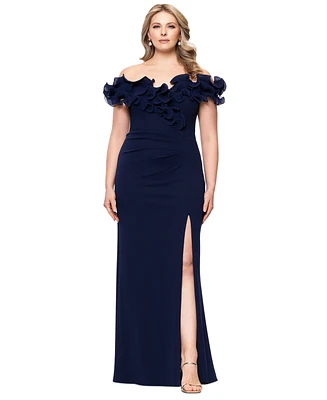 Xscape Plus Ruffled Side-Slit Evening Gown