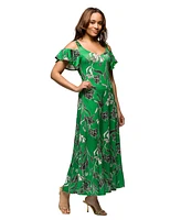 24seven Comfort Apparel Women's Green Floral Cold Sholder Ruffle Sleeve A Line Maxi Dress