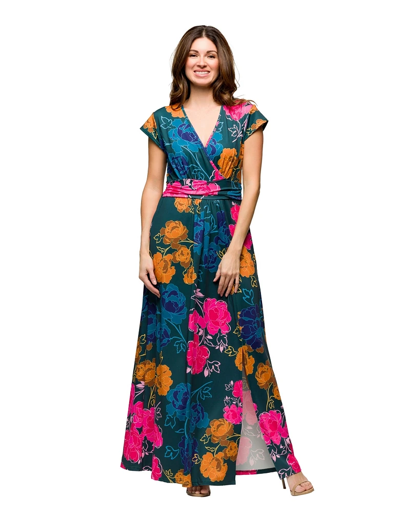 24seven Comfort Apparel Women's Cap Sleeve V Neck Side Slit Pocket Maxi Dress