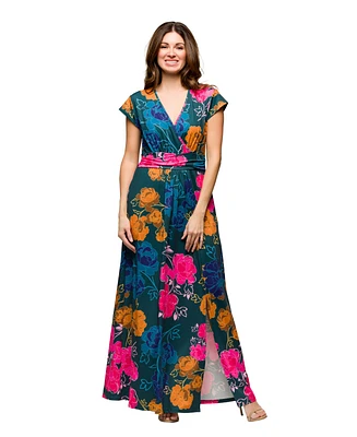 24seven Comfort Apparel Women's Cap Sleeve V Neck Side Slit Pocket Maxi Dress