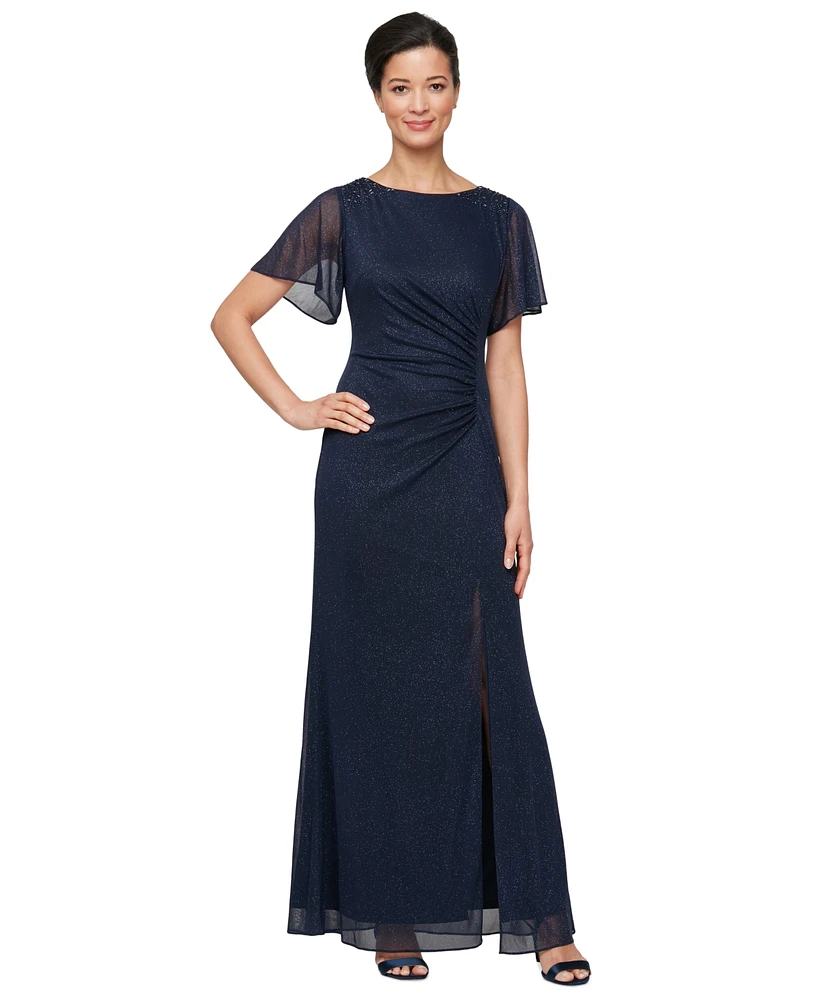 Sl Fashions Petite Flutter-Sleeve Embellished Glitter Gown
