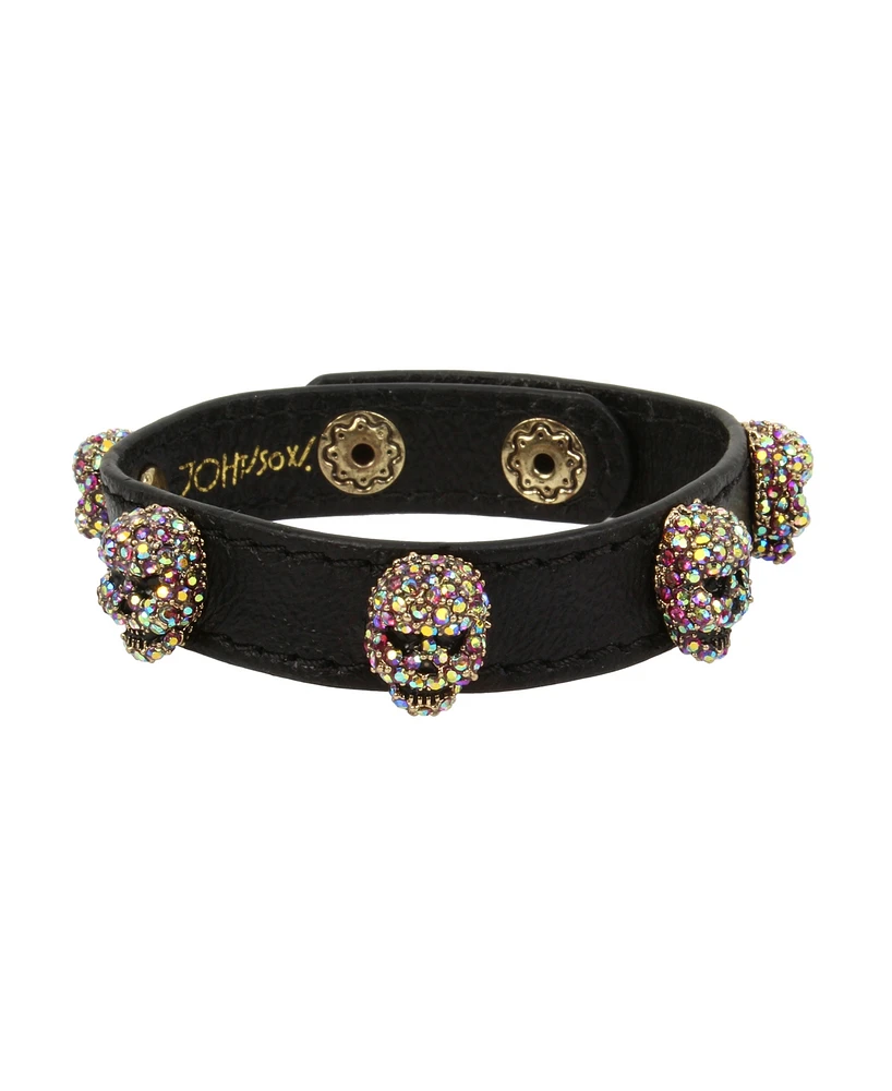 Betsey Johnson Faux Stone Pave Skull Leather Snap Bracelet
